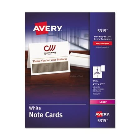 Avery Dennison Avery, Note Cards, Laser Printer, 4 1/4 X 5 1/2, Uncoated White With Envelopes, 60PK 5315